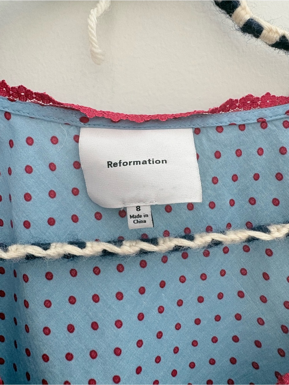 Reformation Blue Polka Dot V-Neck Camisole with Pink Trim - Picture 4 of 5